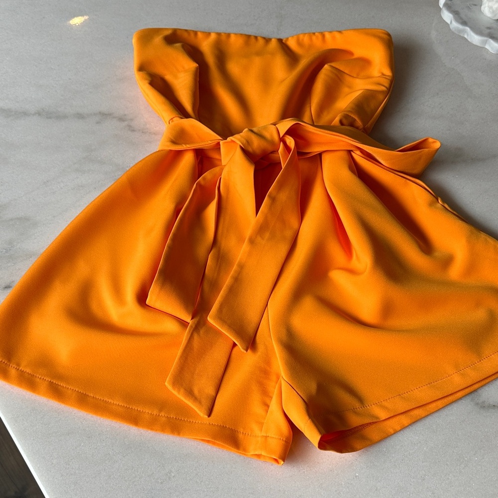 Fun Neon Orange Women’s Strapless Romper with Tie Waist by New York & Co Small